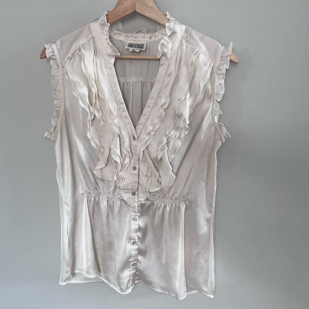 Converse One Star Ivory Ruffle Sleeveless Button Down Smocked Waist Blouse L